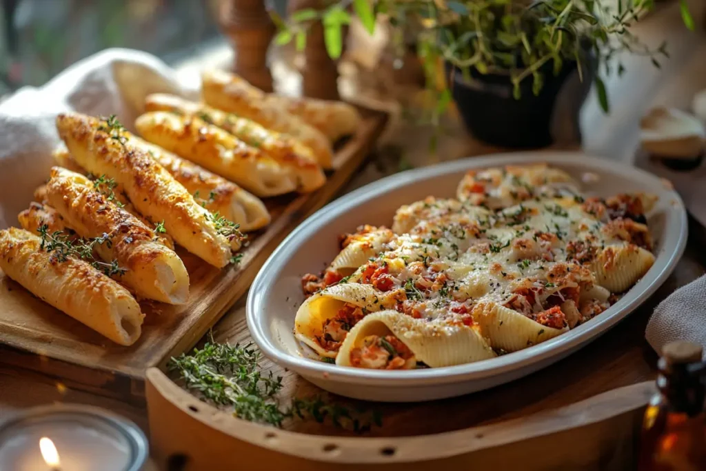 A rustic serving of garlic breadsticks beside a hearty plate of stuffed shells, creating a classic and comforting meal pairing