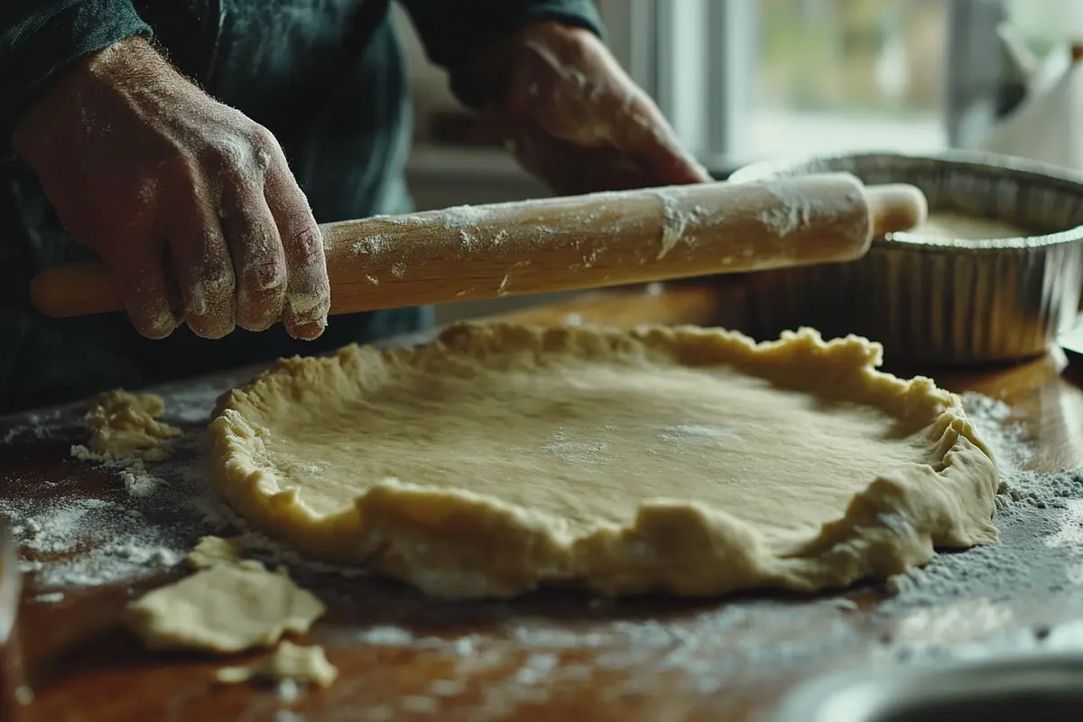 Someone carefully rolling out pie dough on a floured surface, emphasizing gentle handling to avoid overworking the crust and ensuring a flaky texture.