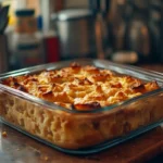 Golden brown bread pudding in a glass dish, showing a slightly crisp top, illustrating the solution to 'Why is my bread pudding mushy.'