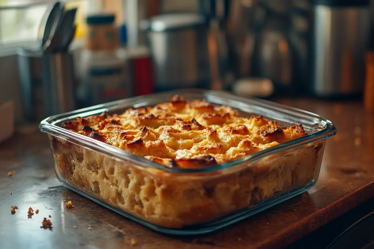 Golden brown bread pudding in a glass dish, showing a slightly crisp top, illustrating the solution to 'Why is my bread pudding mushy.'