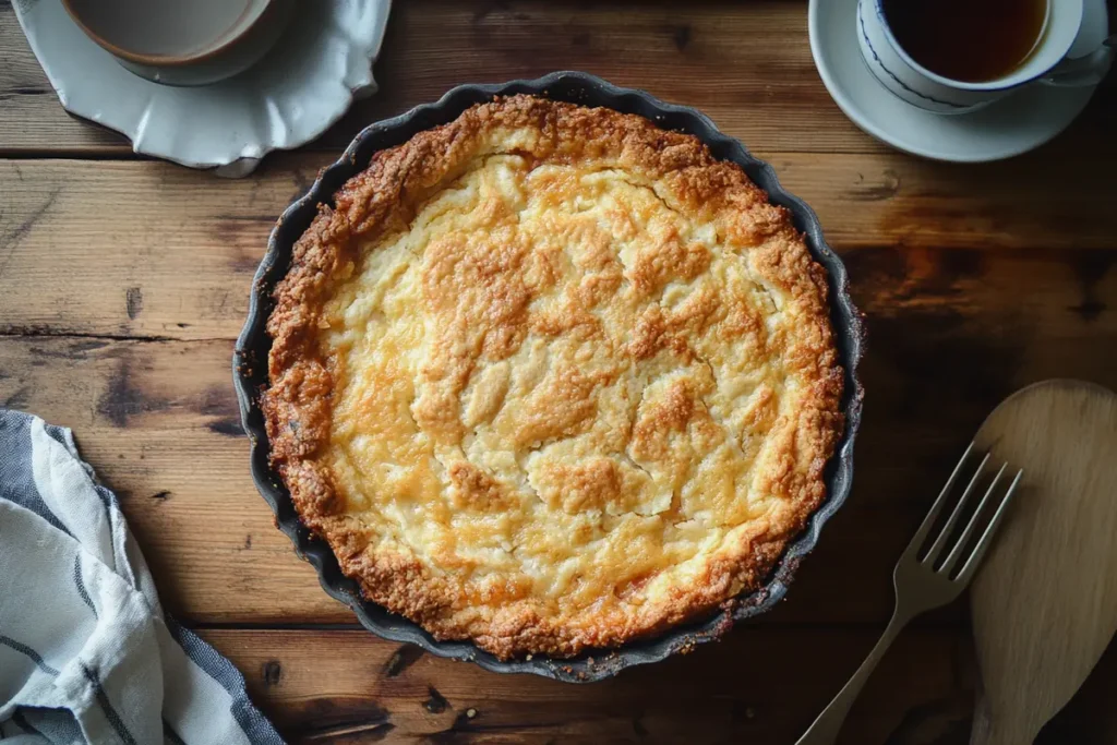 A freshly baked dump cake with a golden-brown crust, served in a rustic dish with fruit bubbling at the edges, ready to enjoy.