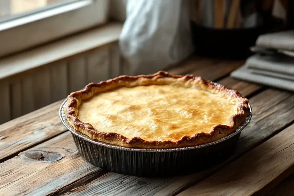 A freshly baked golden-brown pie crust in a pie tin, showcasing the results of following the tips in 'What Are 3 Tips for Making Pie Crust.' The flaky texture and crisp edges are highlighted.