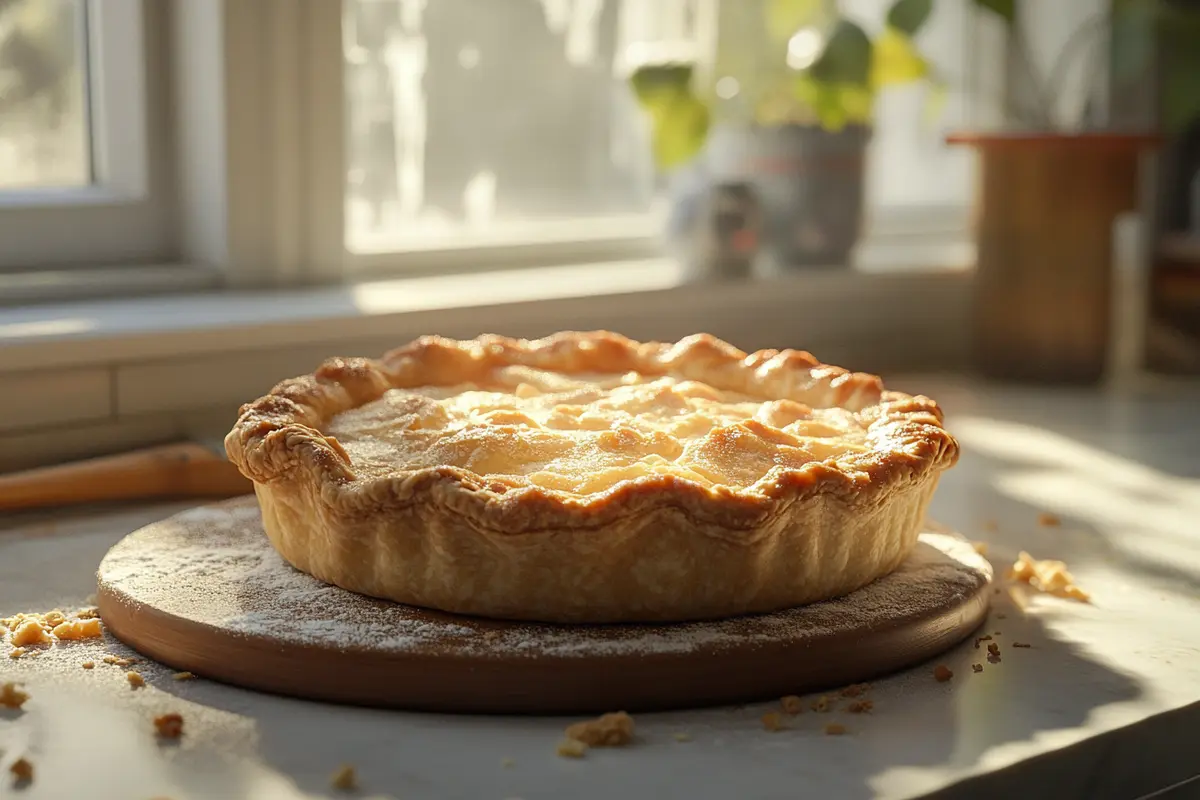 A golden, flaky pie crust cooling on a kitchen countertop, its texture enhanced by soft natural light, with crumbs scattered around. This image highlights the artistry of pie crust making and pairs perfectly with the focus keyword: "What is the basic formula for making pie crust.