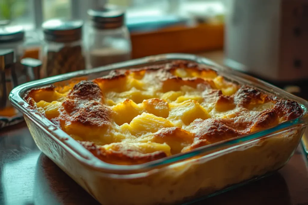 A fresh pineapple bread pudding, baked to perfection in a glass dish, showcasing golden crust and caramelized pineapple chunks.