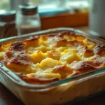 A fresh pineapple bread pudding, baked to perfection in a glass dish, showcasing golden crust and caramelized pineapple chunks.