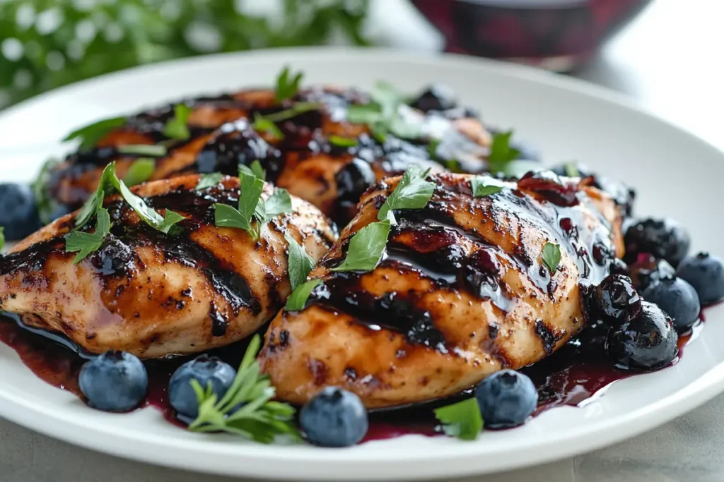 A plate of grilled chicken topped with a blueberry balsamic reduction sauce, garnished with fresh herbs and whole blueberries, styled casually on a dinner table. 