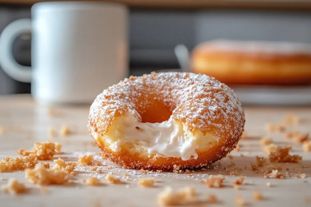 A half-eaten cream-filled donut surrounded by crumbs, highlighting its calorie-dense filling and rich texture.