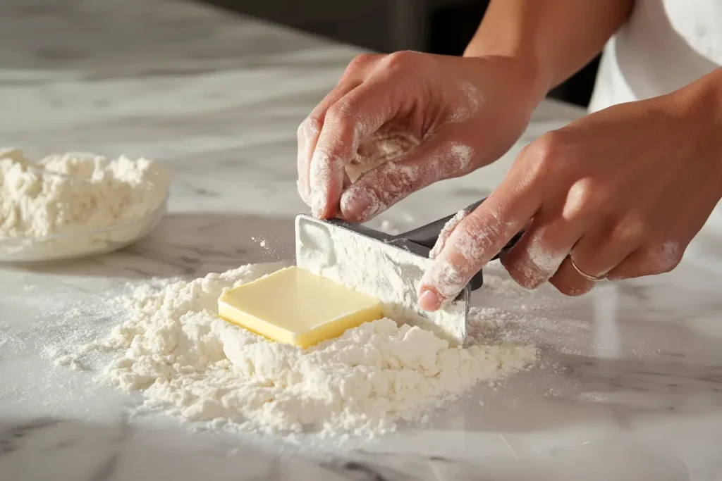 A close-up image of hands preparing pâte brisée dough, showcasing the 3/2-1 formula in action. The butter is being cut into the flour with a pastry cutter on a marble countertop. Natural kitchen lighting highlights the process of making this classic French pastry base.