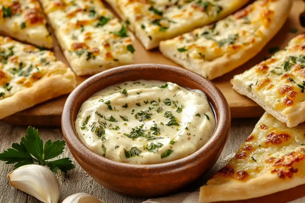 Homemade garlic butter dip served in a bowl surrounded by pizza slices, showcasing a perfect pairing for pizza lovers.