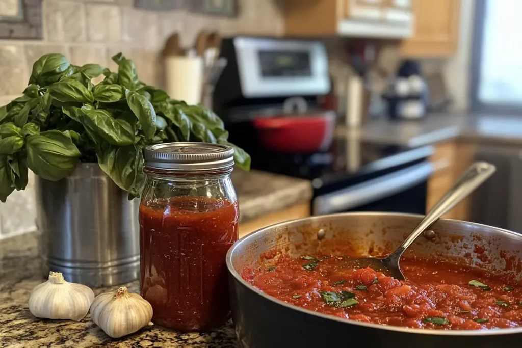 A jar of marinara sauce on a kitchen counter surrounded by fresh basil, garlic, and a simmering pot, perfect for stuffed shells.