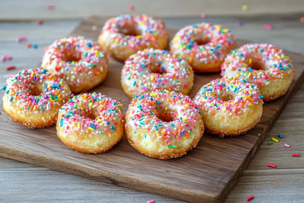 Freshly made sprinkle donuts resting on a rustic wooden countertop, surrounded by colorful sprinkles, offering a cozy homemade feel.