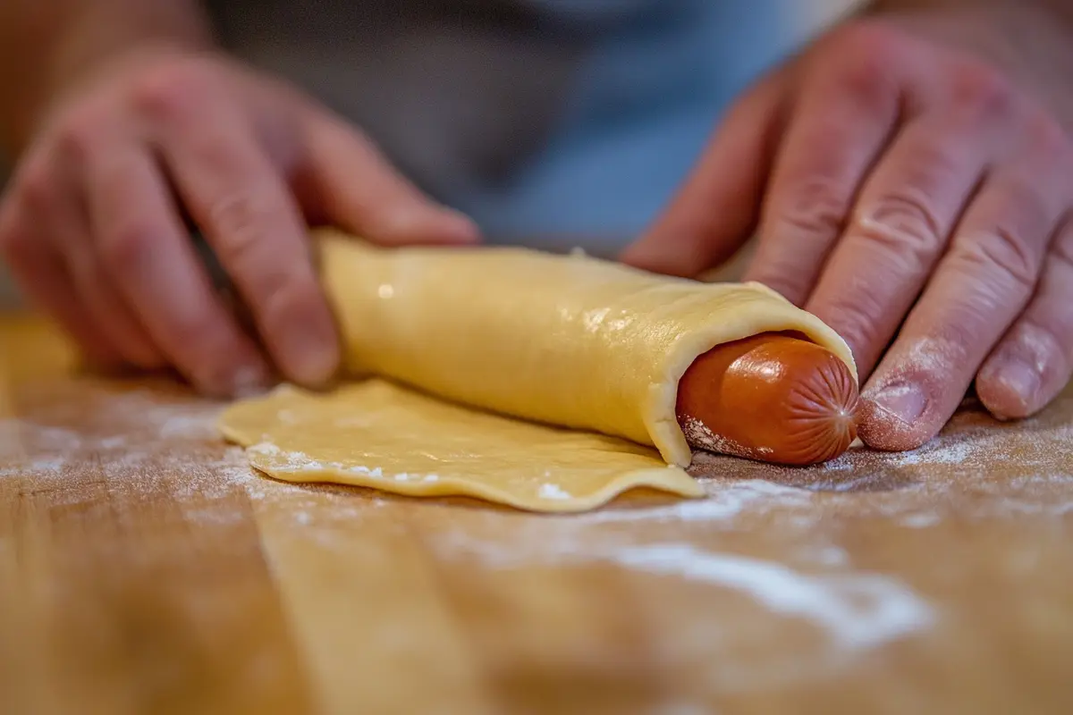 Hands rolling a crescent dog, showing a step-by-step process for wrapping a hot dog in crescent dough. Ideal for beginners learning the technique.