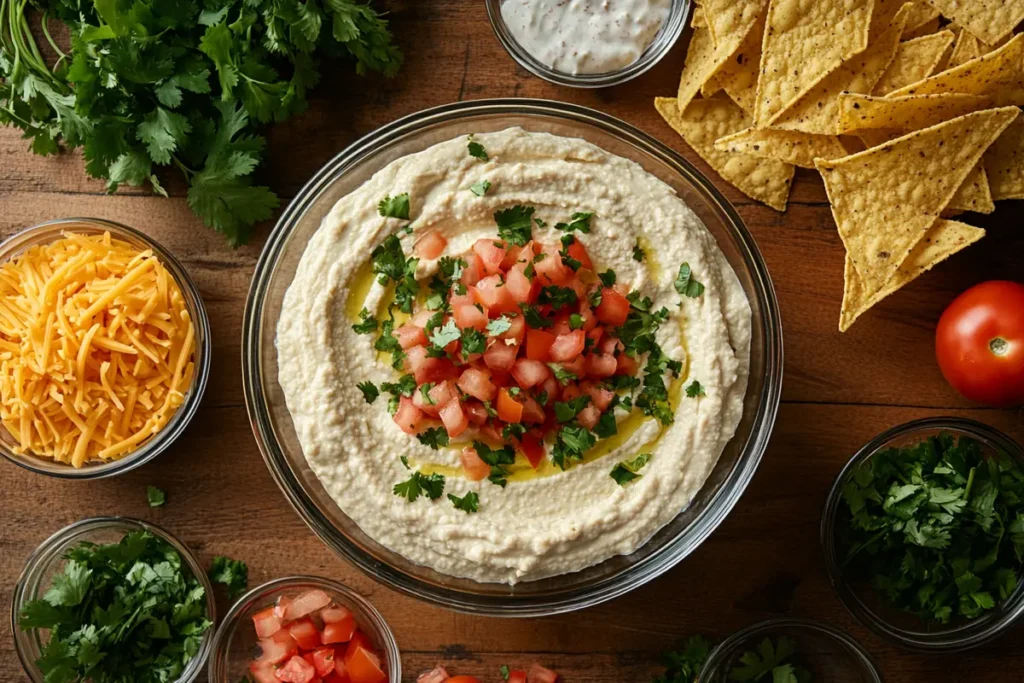 A bowl of creamy hummus on a wooden table, paired with taco dip ingredients like tortilla chips, diced tomatoes, and cheese.