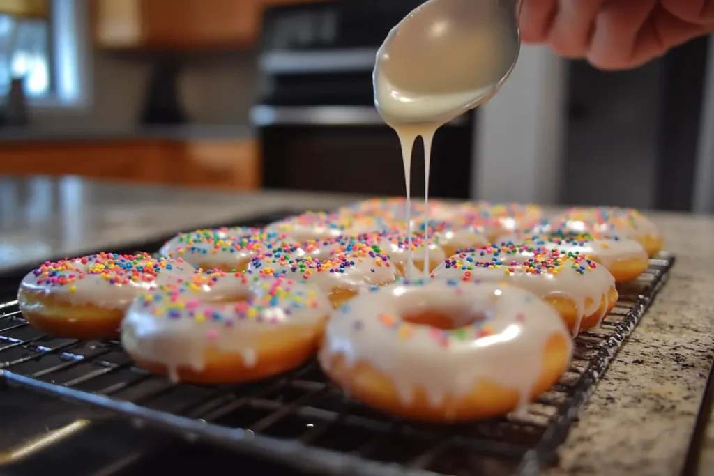 Homemade donuts on a countertop with icing applied, ready for sprinkles, depicting the process of decorating donuts perfectly.