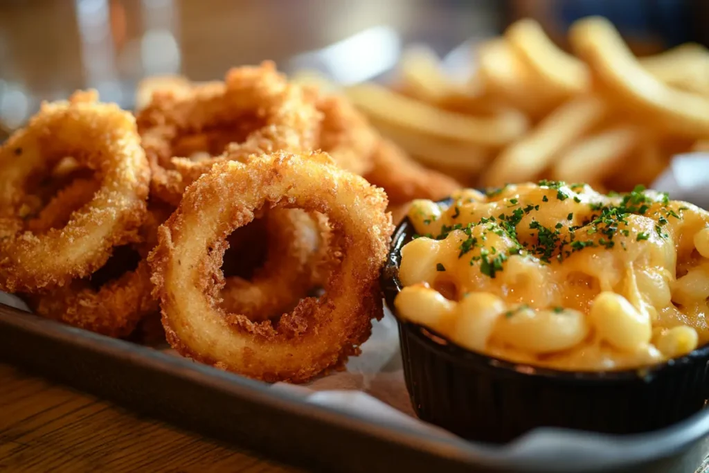 A tray featuring crispy onion rings, golden French fries, and gooey macaroni and cheese in a cozy indoor dining setting.