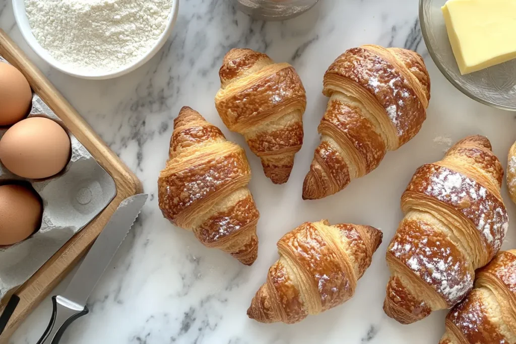 Hands shaping croissant dough into triangles and crescent roll dough into curved shapes, showing the distinct preparation techniques.