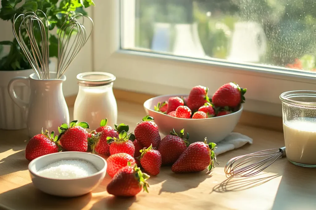 A photo of fresh strawberries, milk, sugar, vanilla extract, and a whisk arranged on a kitchen counter. This image highlights the essential ingredients needed to make strawberry pudding.