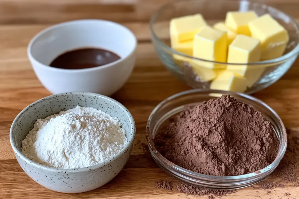 A casual kitchen view of ingredients for self-saucing pudding: flour, sugar, butter, cocoa powder, and utensils on a wooden counter.