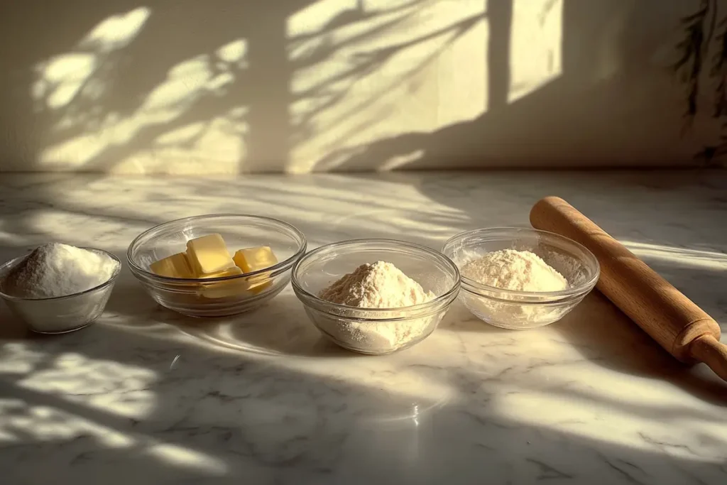 A kitchen setup displaying the ingredients for pâte brisée: flour, butter, sugar, salt, and water in glass bowls on a marble countertop. A rolling pin and measuring scale are included, reflecting the preparation process.