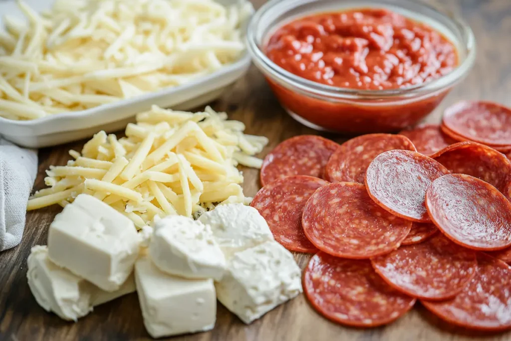 Ingredients for making pepperoni dip: pepperoni slices, cream cheese, shredded cheese, and marinara sauce on a kitchen counter.