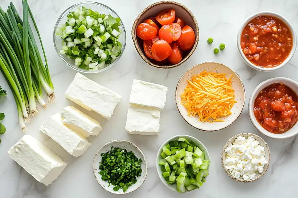 A flat-lay of taco dip ingredients: cream cheese, shredded cheese, fresh veggies, and salsa on a marble countertop. Essentials for a flavorful dish!