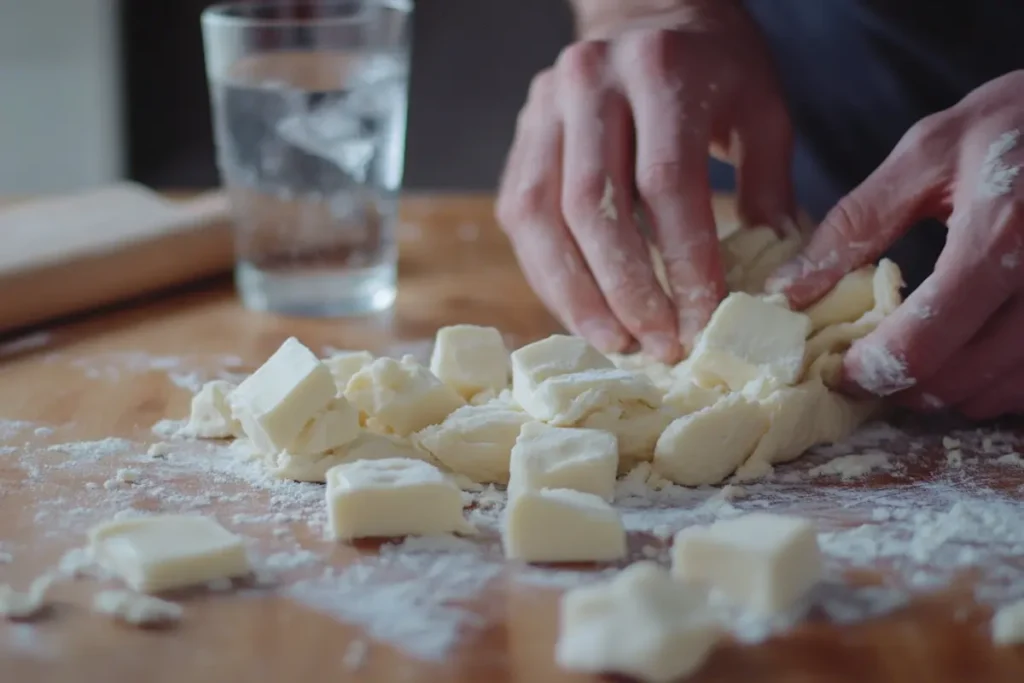 Chilled marble surface with pie crust ingredients like butter and flour, alongside a glass of ice water, highlighting the importance of cold temperatures for flaky crusts.