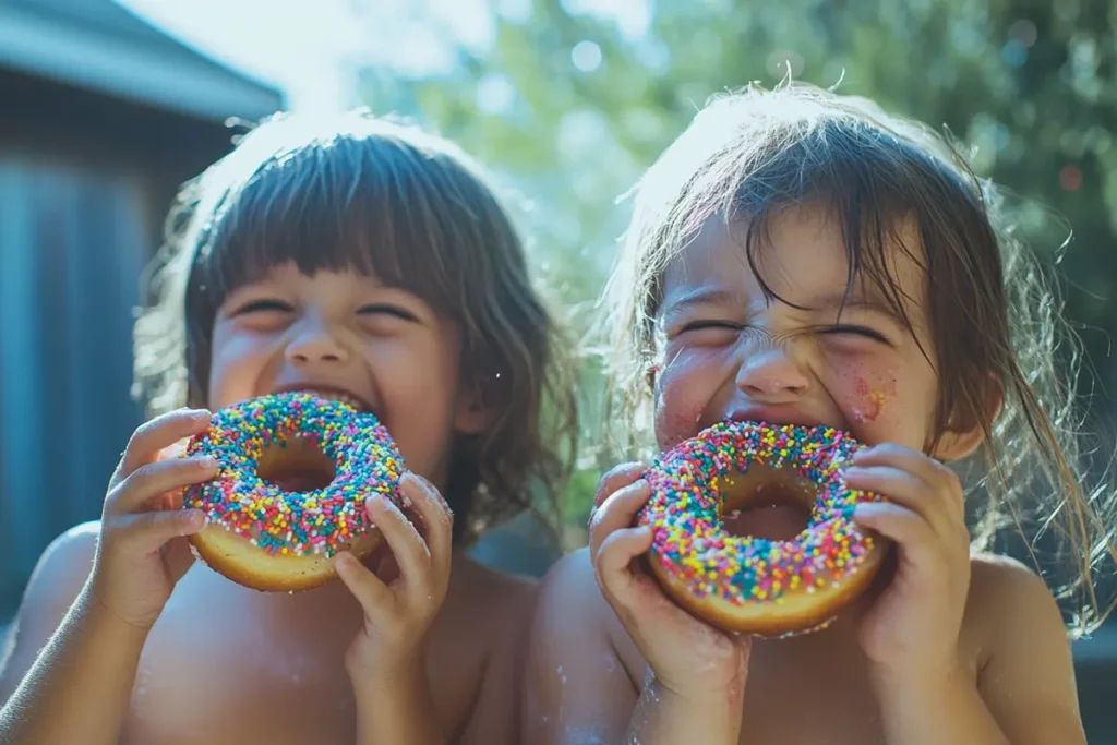 Two happy children enjoying sprinkle donuts outdoors, with joyful expressions and slightly messy hands, showcasing the fun of this classic treat.