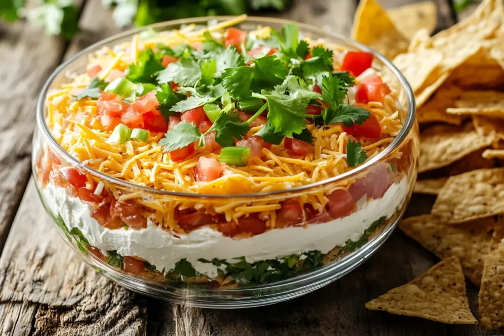 A vibrant taco dip with cream cheese in a clear dish, topped with fresh tomatoes, green onions, and cheese. Perfect party appetizer!