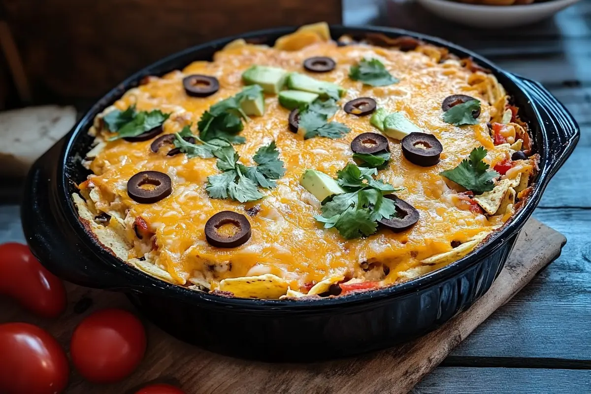 A close-up view of a layered taco dip with colorful toppings, including guacamole, salsa, shredded cheese, and chopped vegetables, served with tortilla chips.