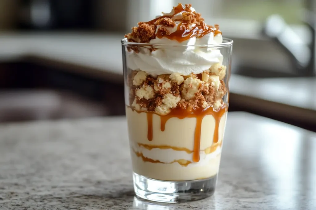 Vanilla instant pudding layered with crushed cookies, caramel sauce, and whipped cream, an appealing dessert idea to upgrade pudding.