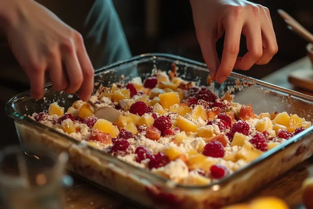 A step-by-step process shot of layering ingredients for a dump cake, including fruit fillings, cake mix, and pats of butter.