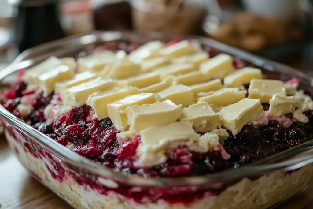 Close-up view of a glass baking dish containing layers of fruit filling, cake mix, and butter slices, ready to bake.