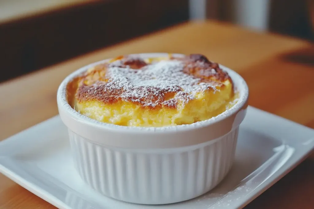 A lemon self-saucing pudding served in a white ceramic bowl, its zesty yellow hue shining under natural kitchen light.