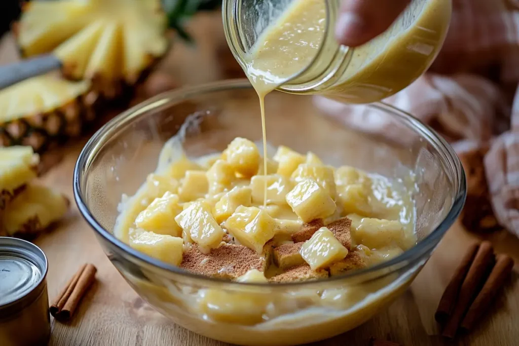 Hands pouring pineapple custard over cubed bread in a bowl with ingredients spread on a wooden kitchen counter.