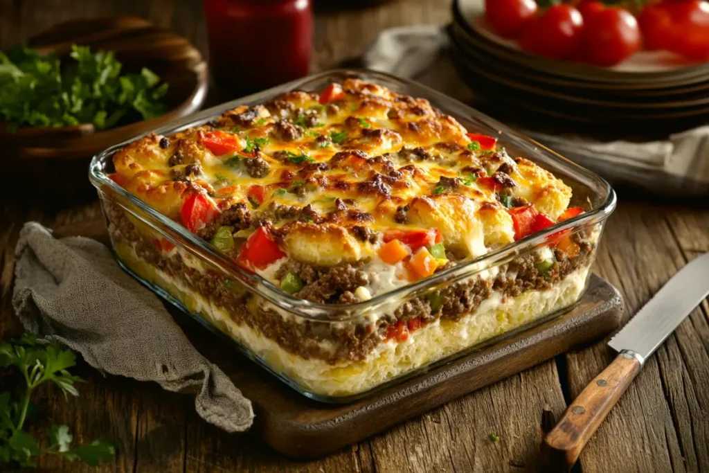 A home cook layering beef, vegetables, and cheese into a casserole dish for a John Wayne casserole.