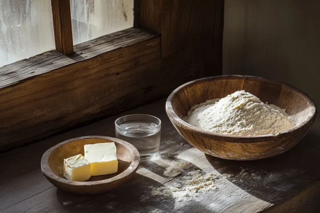 An overhead view of a rustic kitchen counter with the key ingredients for pâte brisée: flour, butter, and water, arranged neatly near a mixing bowl, highlighting the simplicity of the 3/2-1 formula.