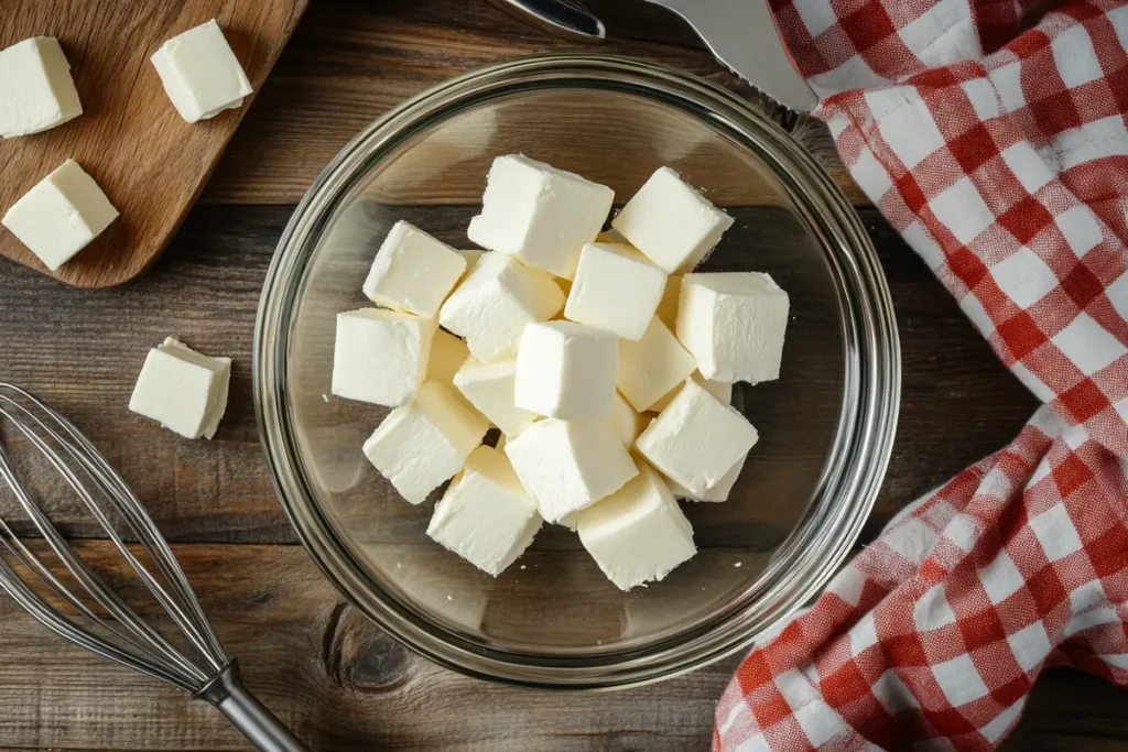 Cream cheese cubes softened in a microwave, ready for baking or spreading, captured in a cozy kitchen setting.