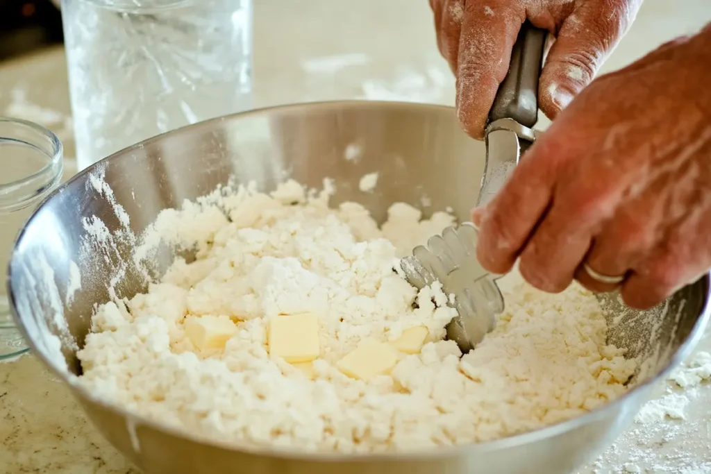 Hands cutting cold butter into flour in a large bowl, with flour scattered on a kitchen counter and ice water nearby. Captures the preparation process of a 3-ingredient pie crust.