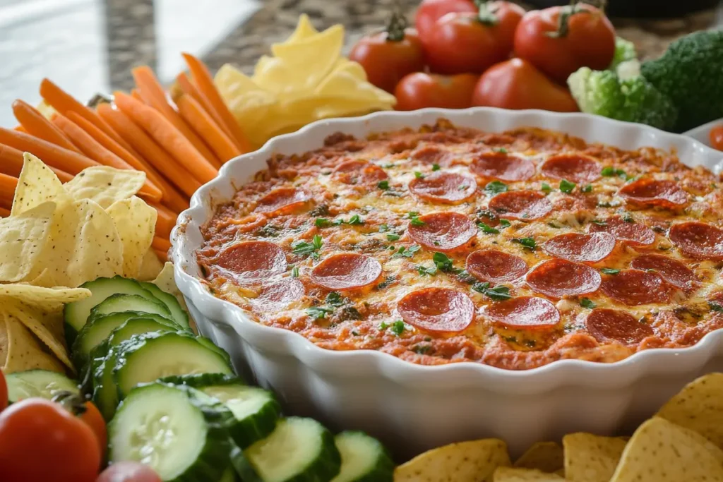 Pepperoni dip in a stylish dish, surrounded by vegetables, chips, and breadsticks at a vibrant party setup.