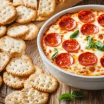 Pepperoni dip served in a bowl, topped with bubbling cheese, surrounded by crispy crackers and sliced bread.