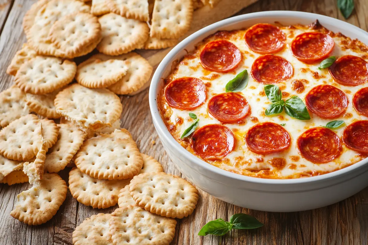 Pepperoni dip served in a bowl, topped with bubbling cheese, surrounded by crispy crackers and sliced bread.