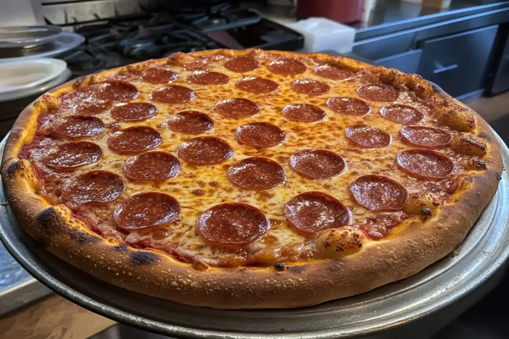 A close-up of a pizza with crispy, curled pepperoni slices fresh from the oven, capturing the essence of its taste and texture.