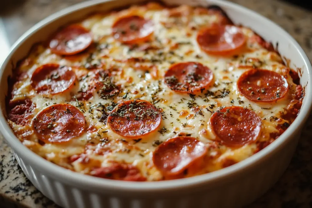 Freshly baked pizza dip in a ceramic dish, topped with melted cheese, pepperoni, and herbs; discover what pizza dip is made of.