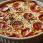 Freshly baked pizza dip in a ceramic dish, topped with melted cheese, pepperoni, and herbs; discover what pizza dip is made of.