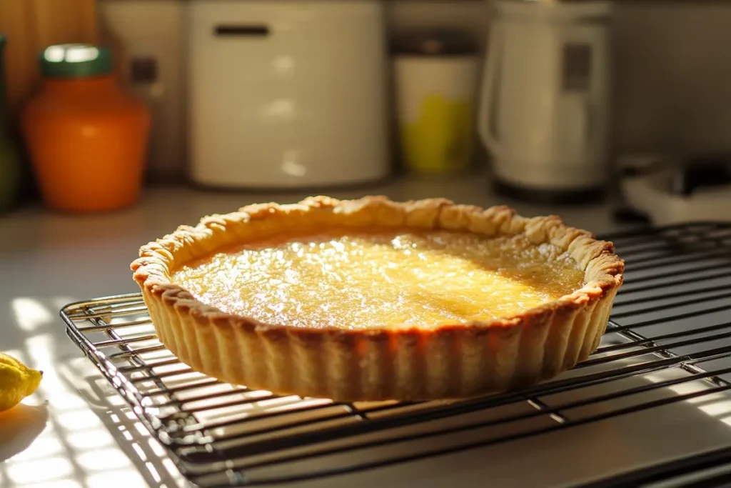 A golden, flaky pâte brisée tart shell cooling on a wire rack in a softly lit kitchen, showcasing the final result of the 3/2-1 formula.