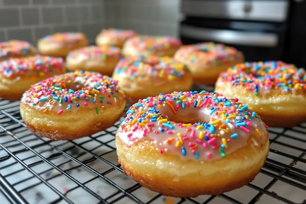 Freshly baked donuts with vibrant sprinkles sticking firmly, showing the ideal glaze and icing technique for perfect results.