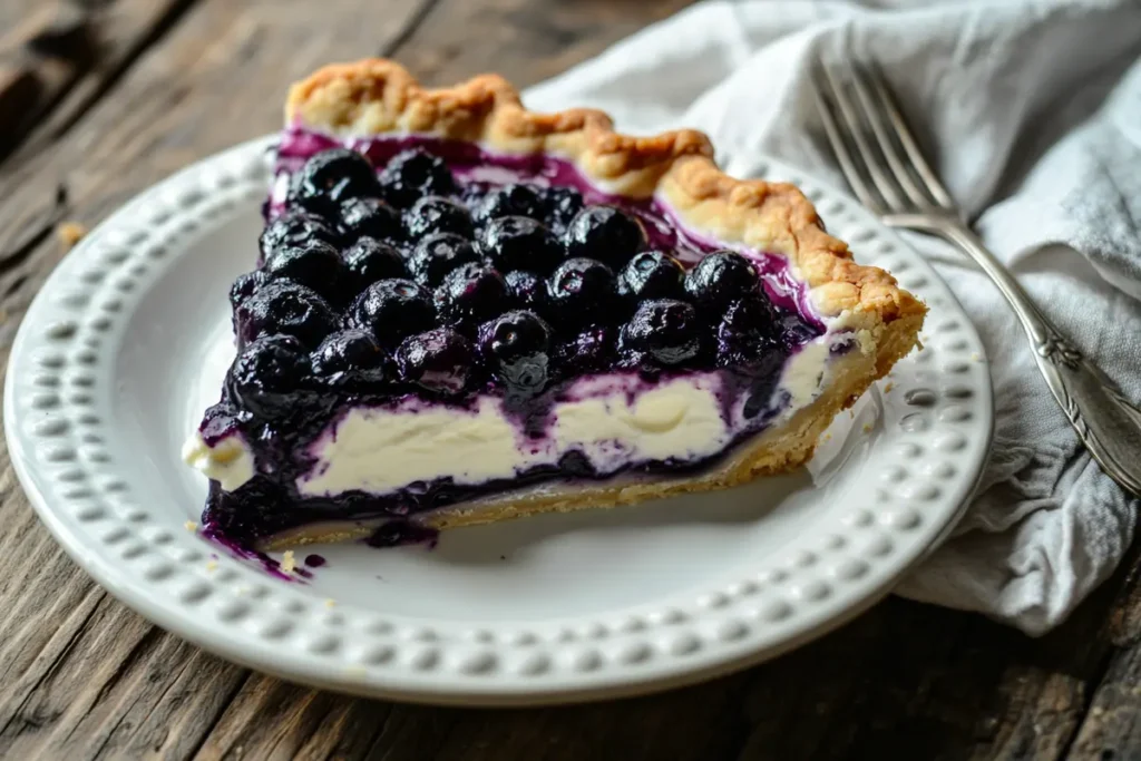 A slice of blueberry cream cheese pie on a white plate, showing its golden crust, creamy filling, and shiny blueberry topping, placed on a wooden table with natural light.