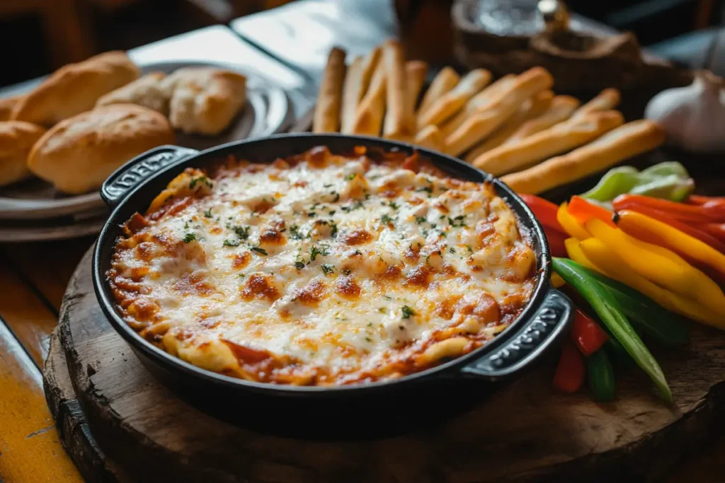 Pizza dip served with breadsticks and vegetable sticks, styled casually on a dining table for a party appetizer.