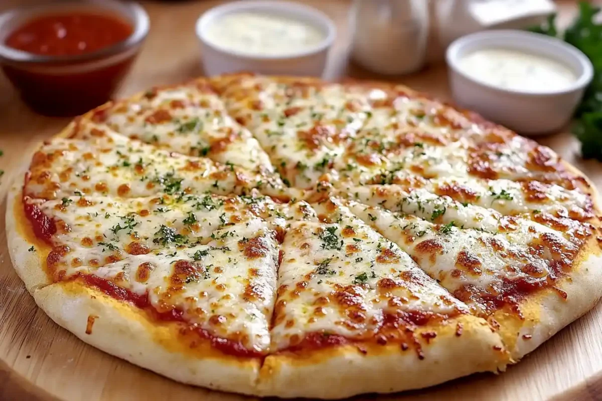 What dip is good with pizza? Assorted dips like marinara, ranch, and garlic butter served with a fresh pizza on a wooden table.