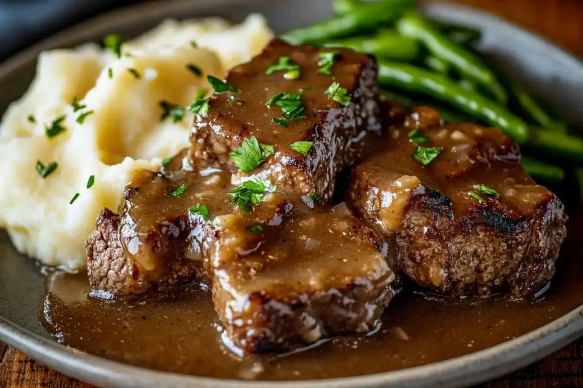 A plate of cube steak with gravy, served with mashed potatoes and green beans on a rustic dining table.